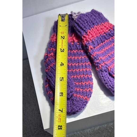 Hand Knitted Mittens Purple & Pink Striped Kids 7" Long New - Picture 2 of 3